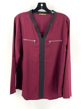 GAHARU Women's Long Sleeve Burgundy Blouse Top Shirt Zippers Size Medium